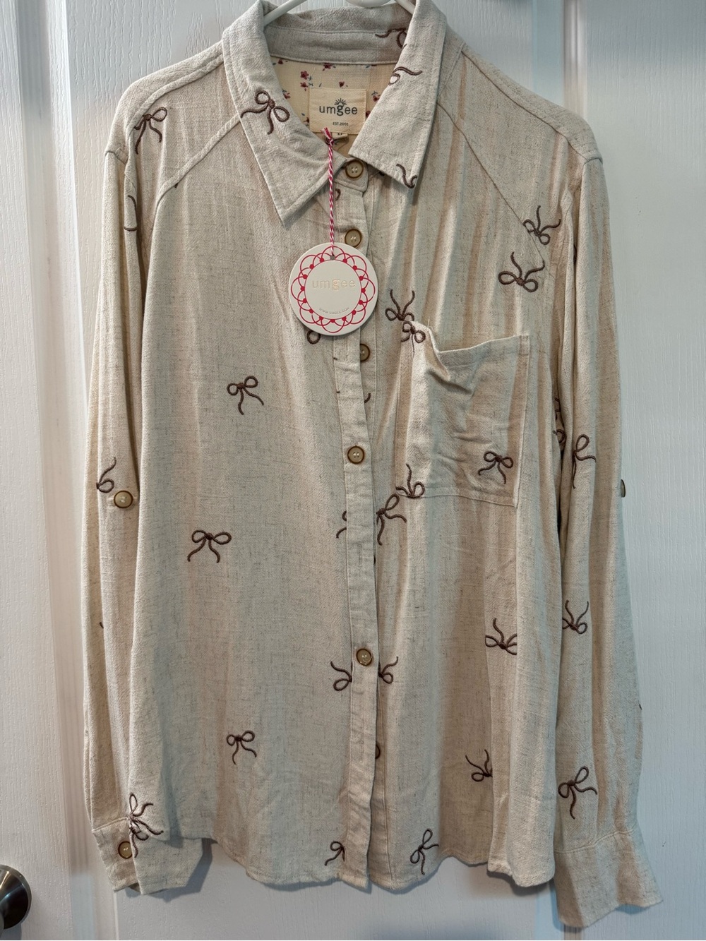 Umgee Beige Button-Up Shirt with Brown Bow Print